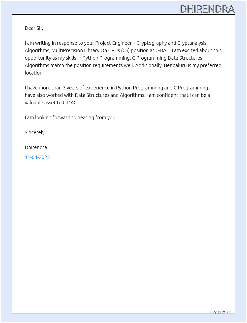 Project Engineer – Cryptography and Cryptanalysis Algorithms, MultiPrecision Library On GPUs (CS)  At C-DAC Cover Letter