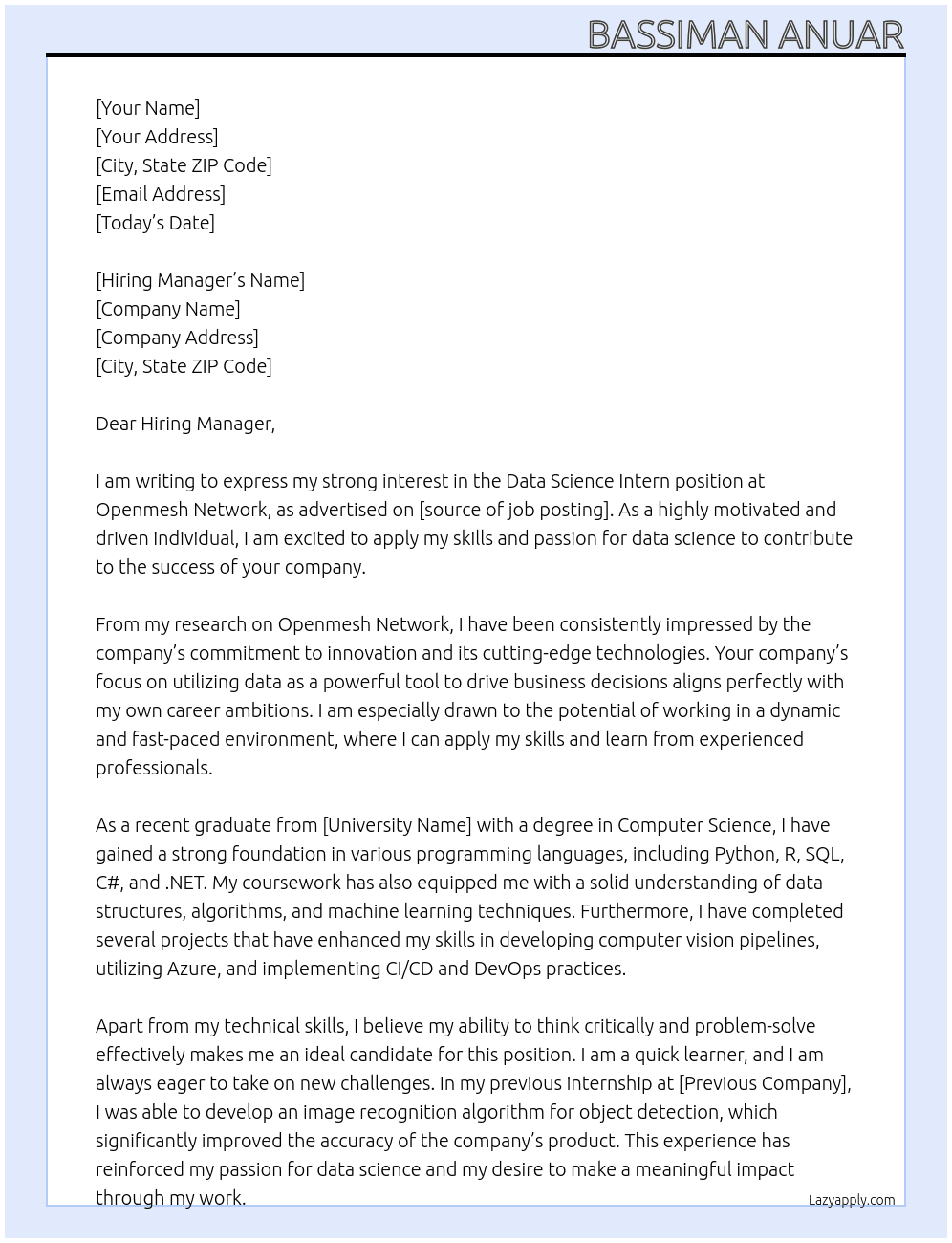 Data Science Intern At Openmesh Network Cover Letter