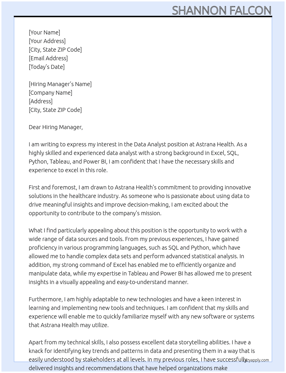 Data Analyst At Astrana Health Cover Letter