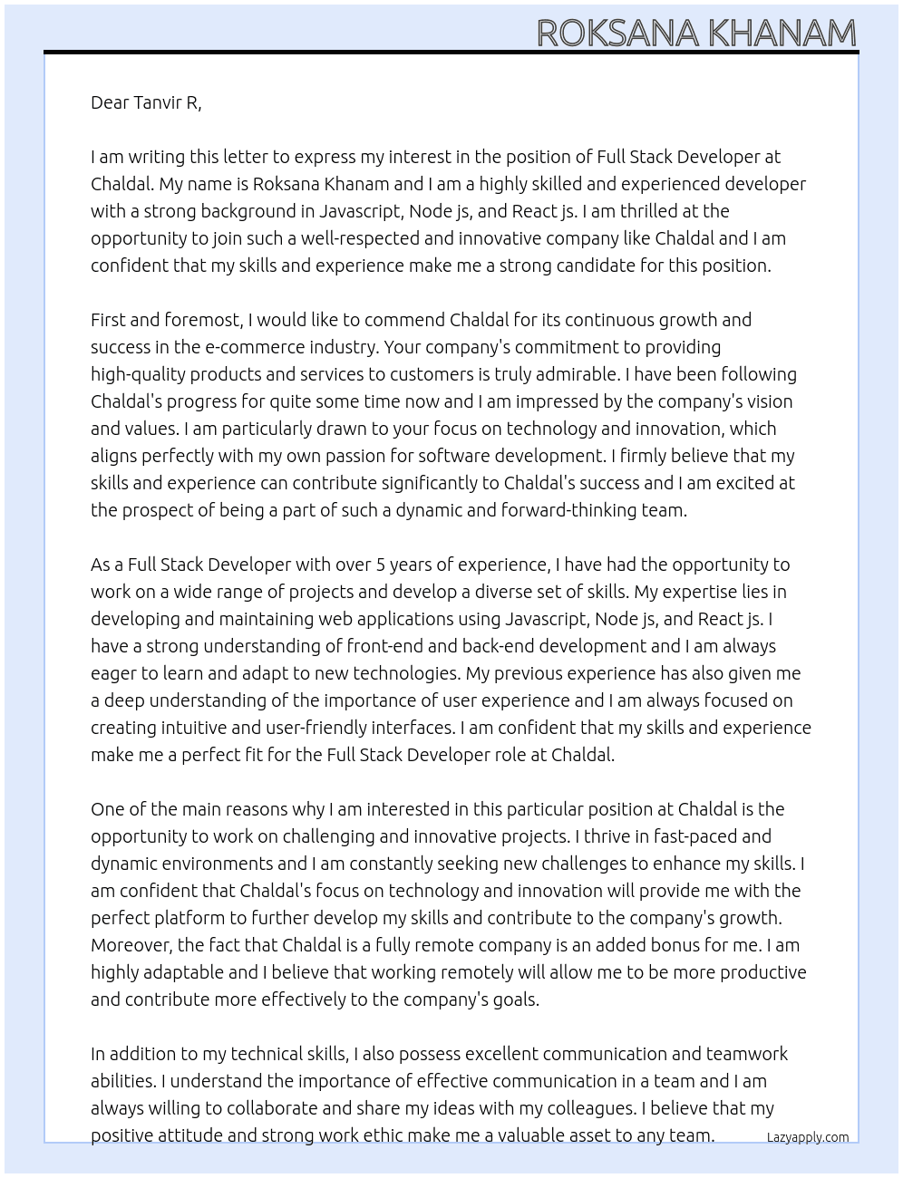 Full stack developer At Chaldal Cover Letter
