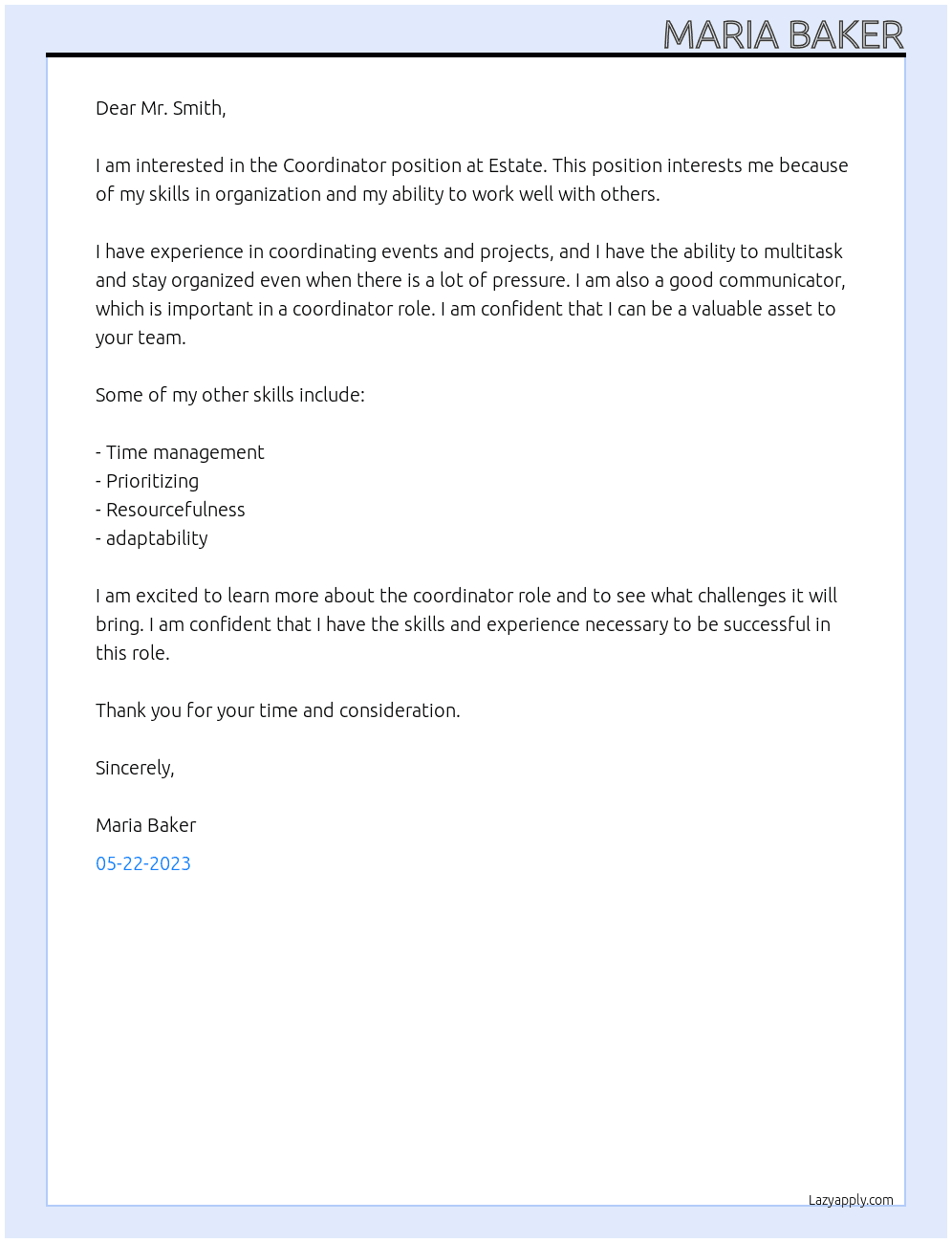 Co.ordinator At Estate  Cover Letter