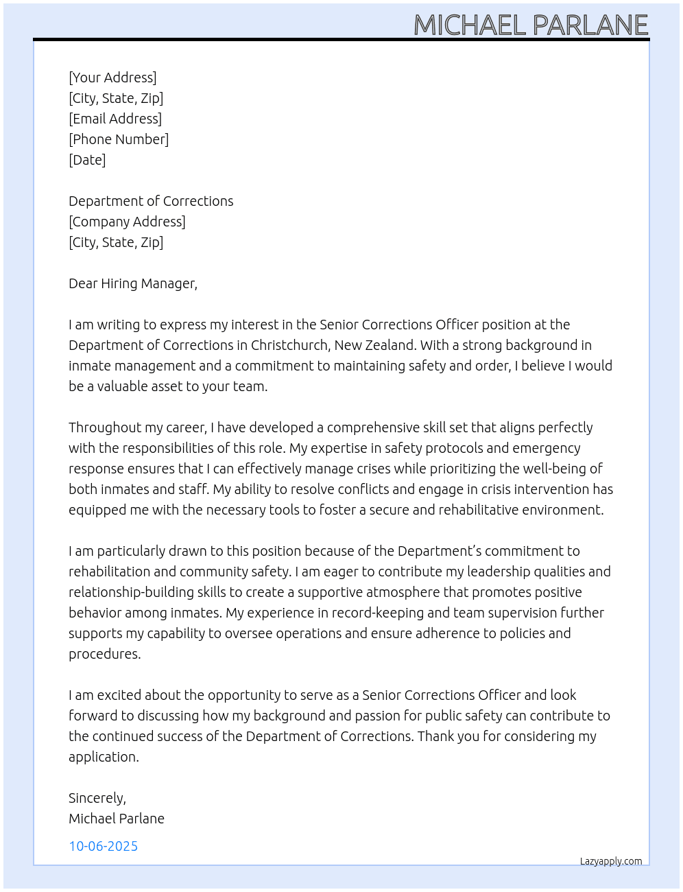Senior Corrections Officer At Department of Corrections Cover Letter