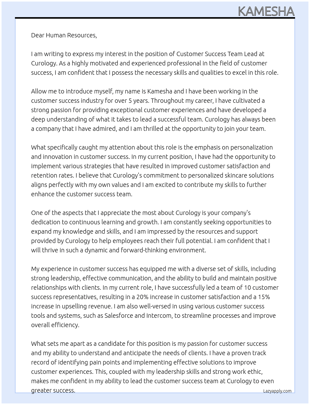 Customer Success Team Lead At Curology Cover Letter