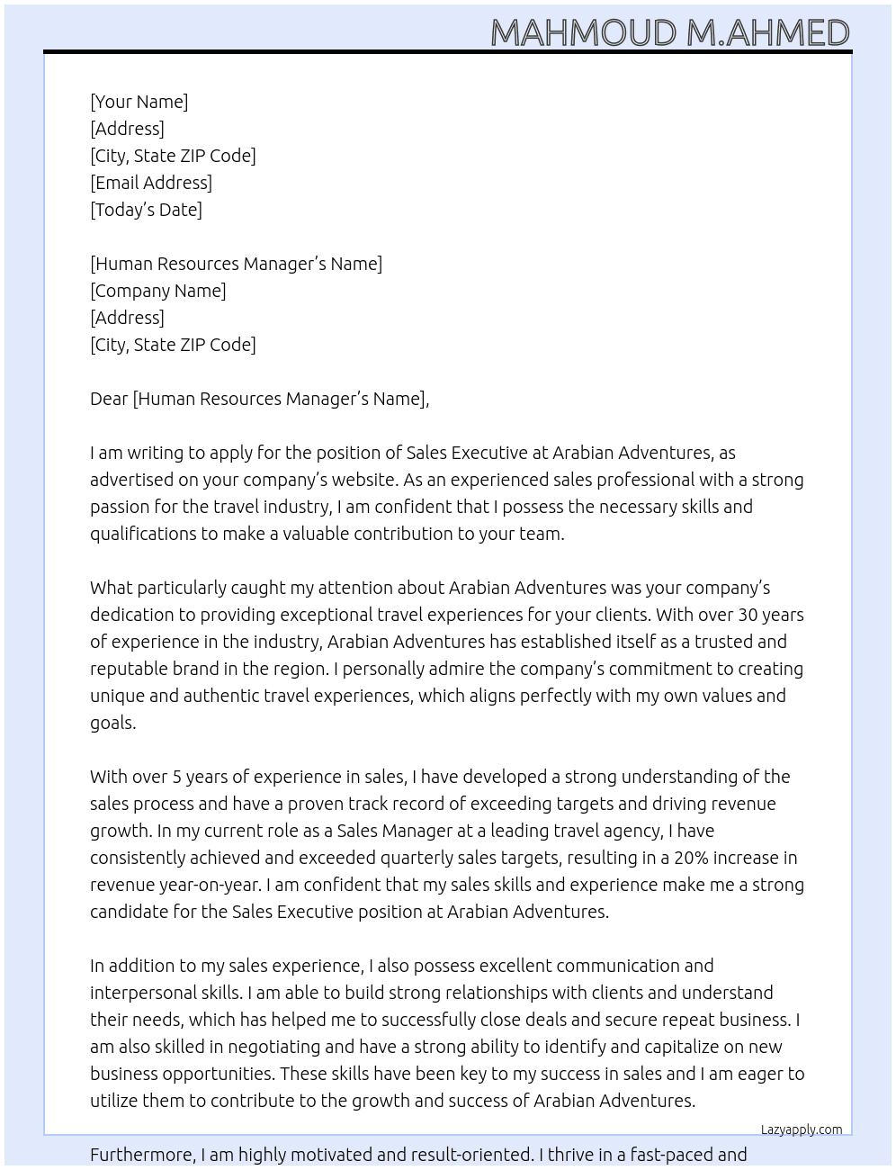 Sales Executive  At Arabian Adventures  Cover Letter