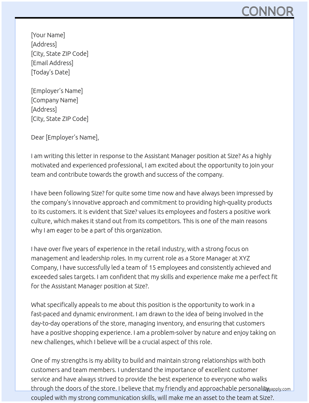Assistant Manager At Size? Cover Letter