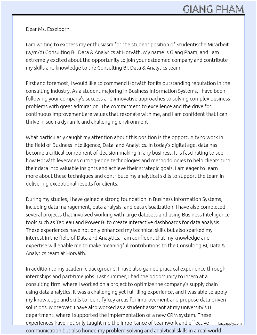 Studentische Mitarbeit (w/m/d) Consulting BI, Data & Analytics At Horváth Cover Letter