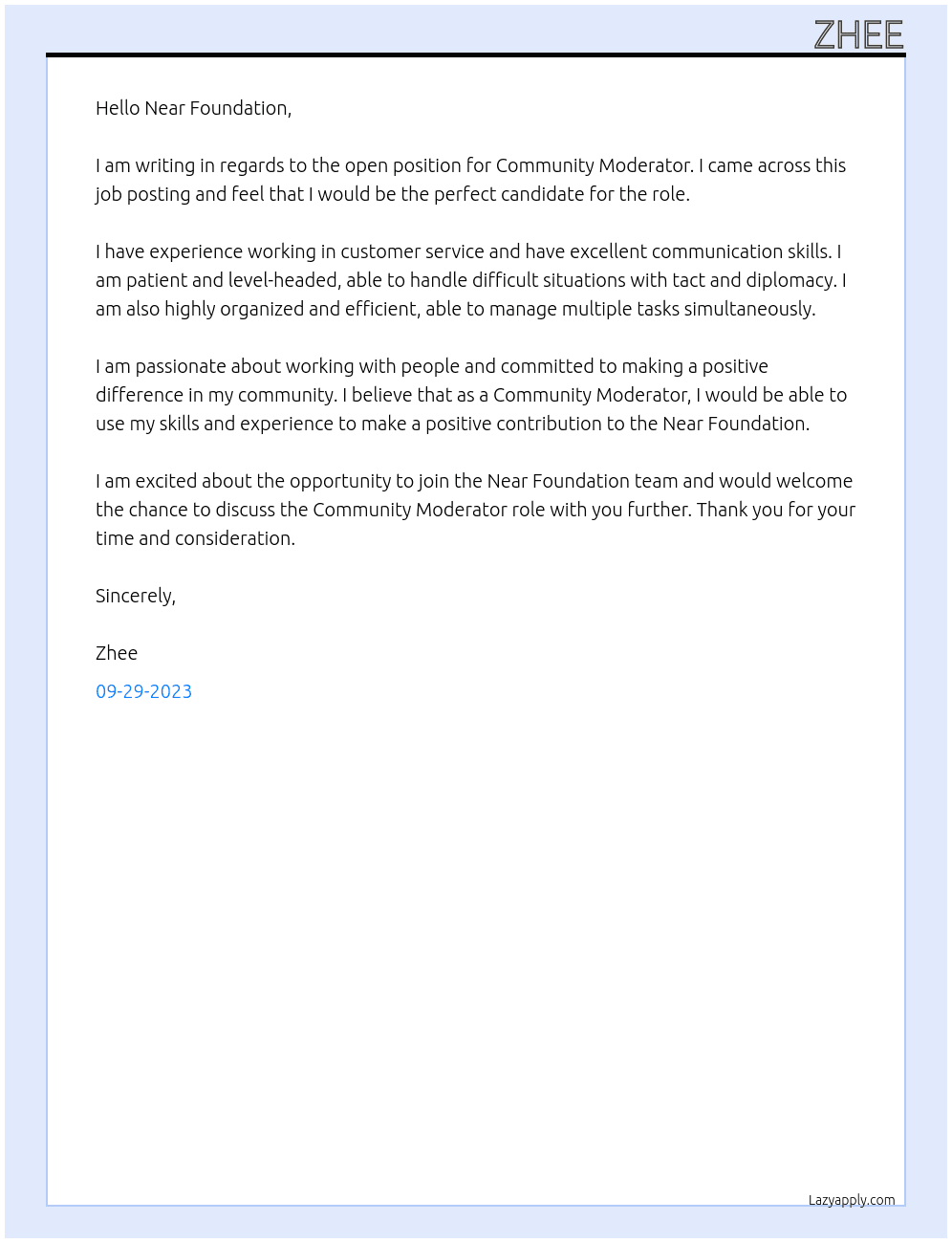 Community moderator  At Near foundation  Cover Letter