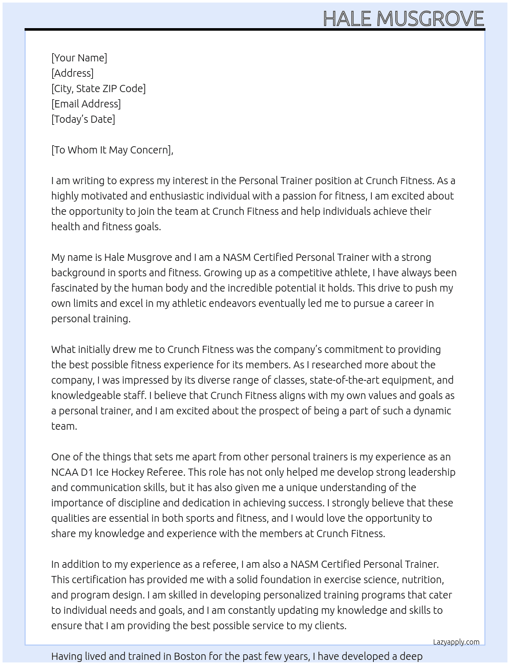 Personal Trainer At Crunch Fitness Cover Letter