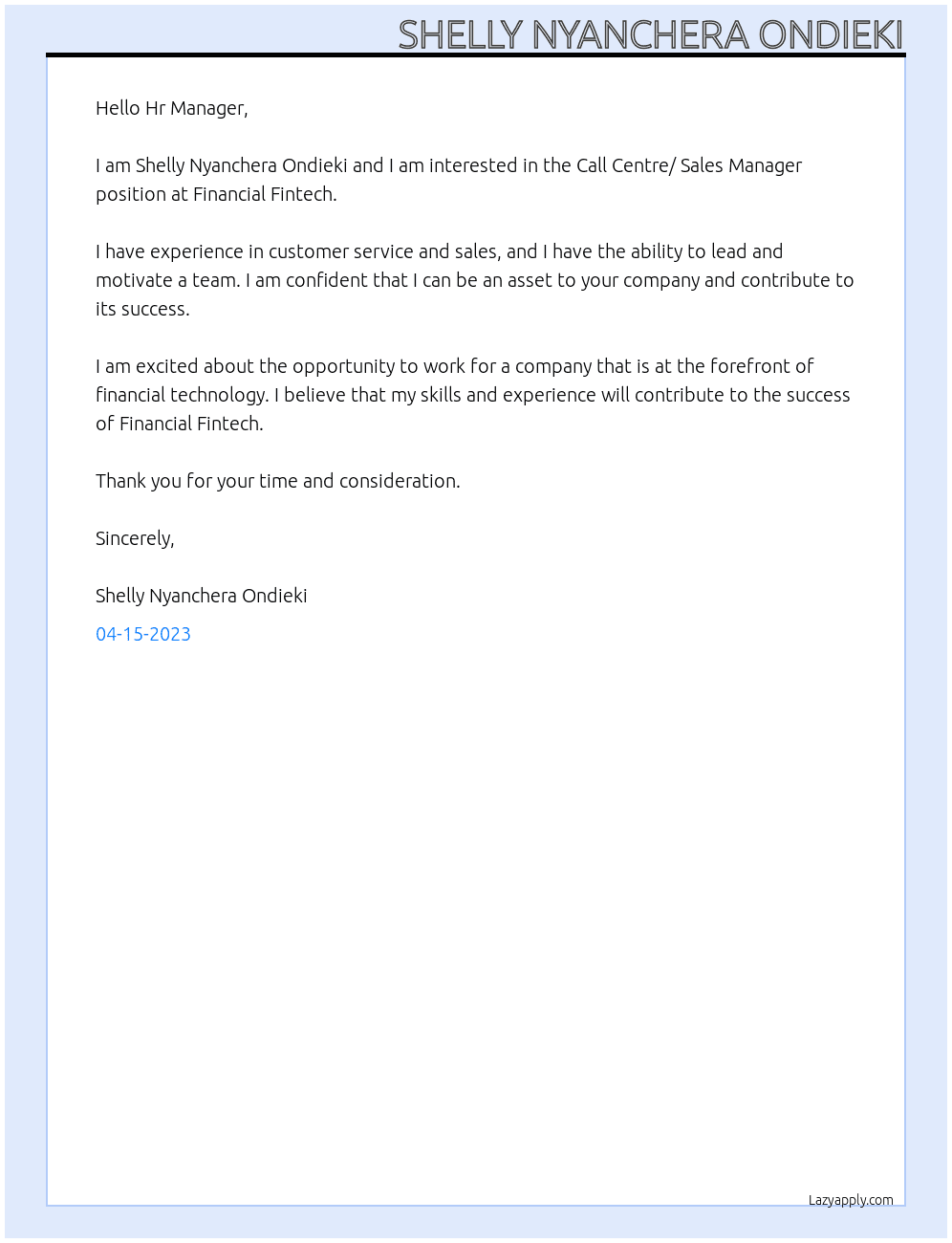 Call Centre/ Sales Manager At Financial Fintech Cover Letter