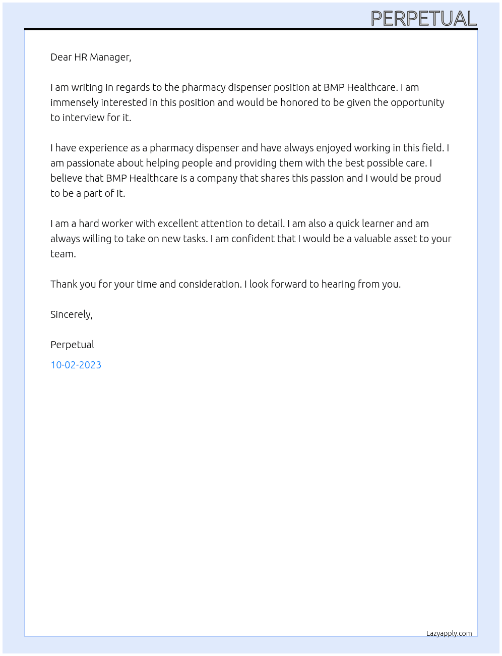 Pharmacy dispenser At BMP Healthcare Cover Letter
