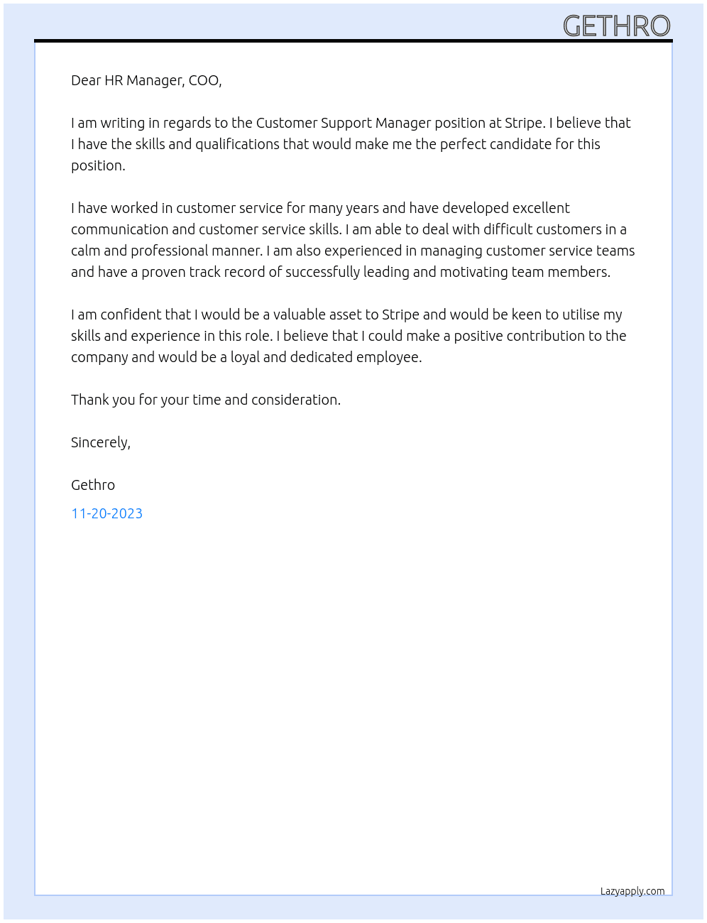 Customer Support Manager At Stripe Cover Letter