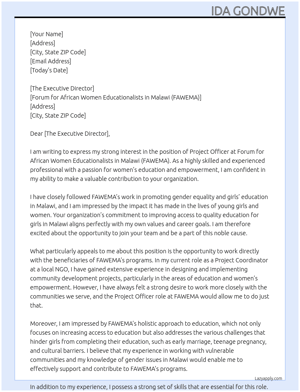 Cover letter for project officers - LazyApply