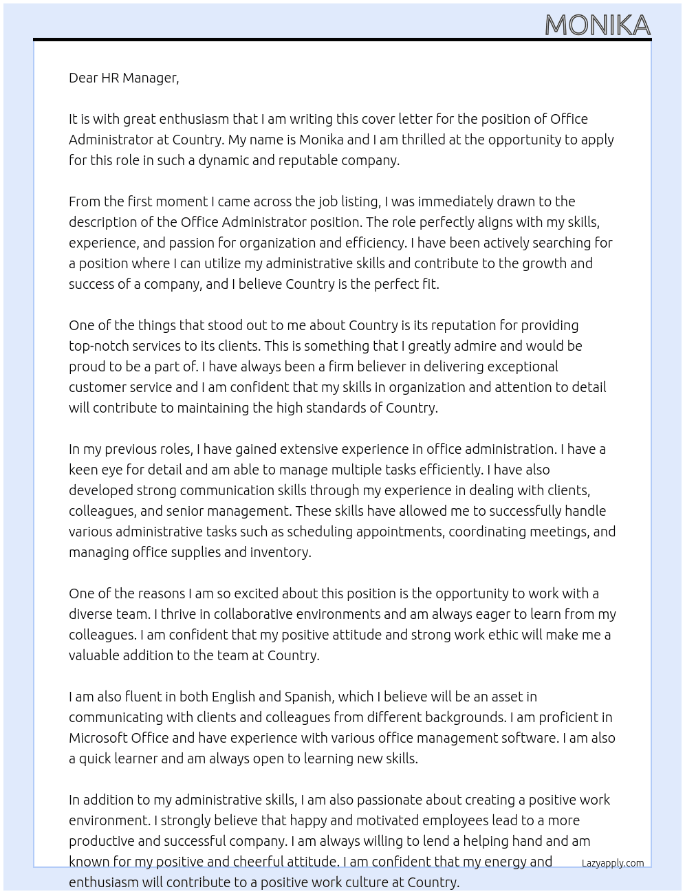office administrator At country Cover Letter