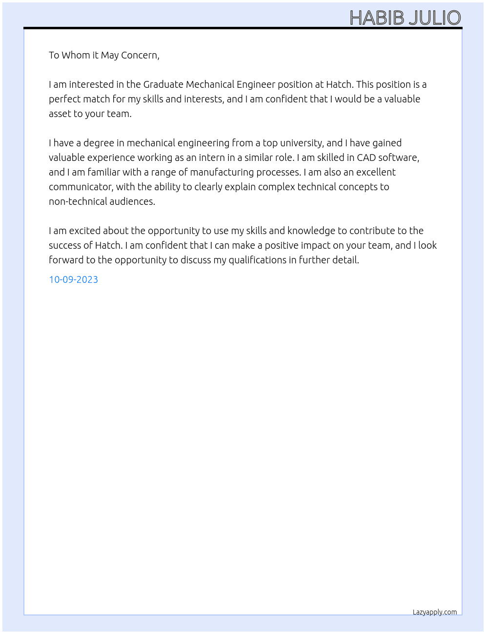 Graduate Mechanical Engineer At Hatch Cover Letter