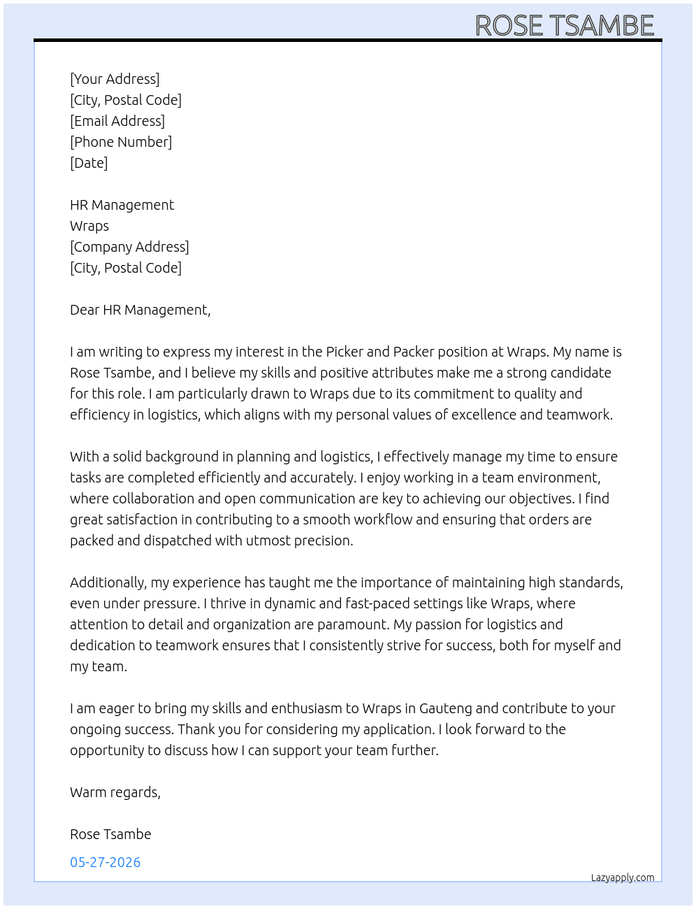 Picker and Packer  At Wraps Cover Letter