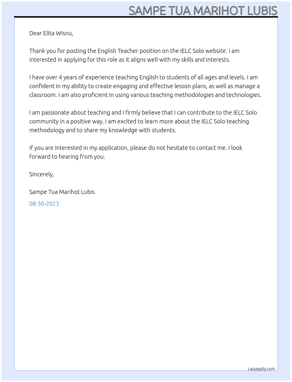 English Teacher At IELC Solo Cover Letter