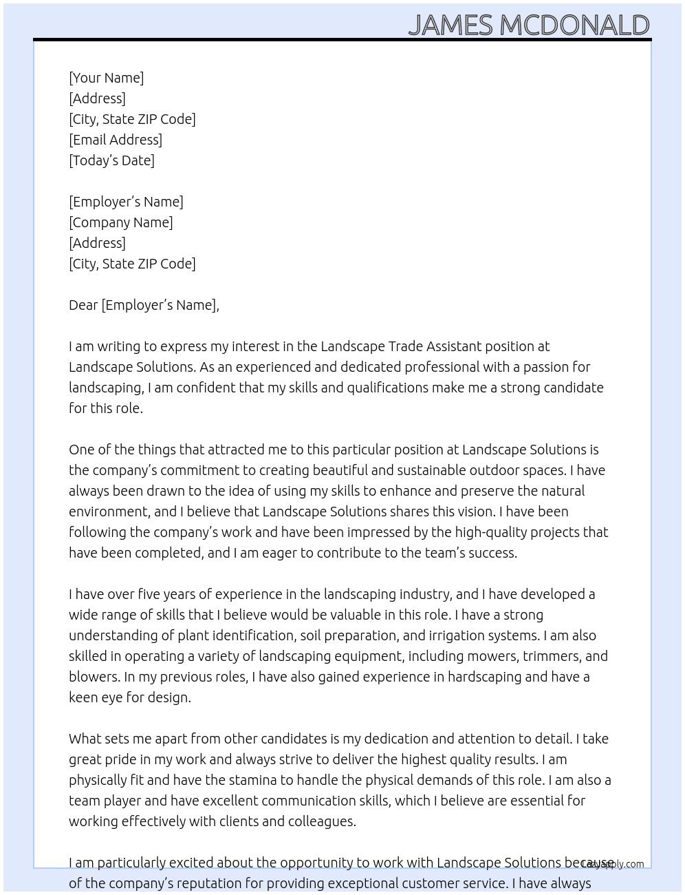 Landscape trade assistant  At Landscape solutions  Cover Letter