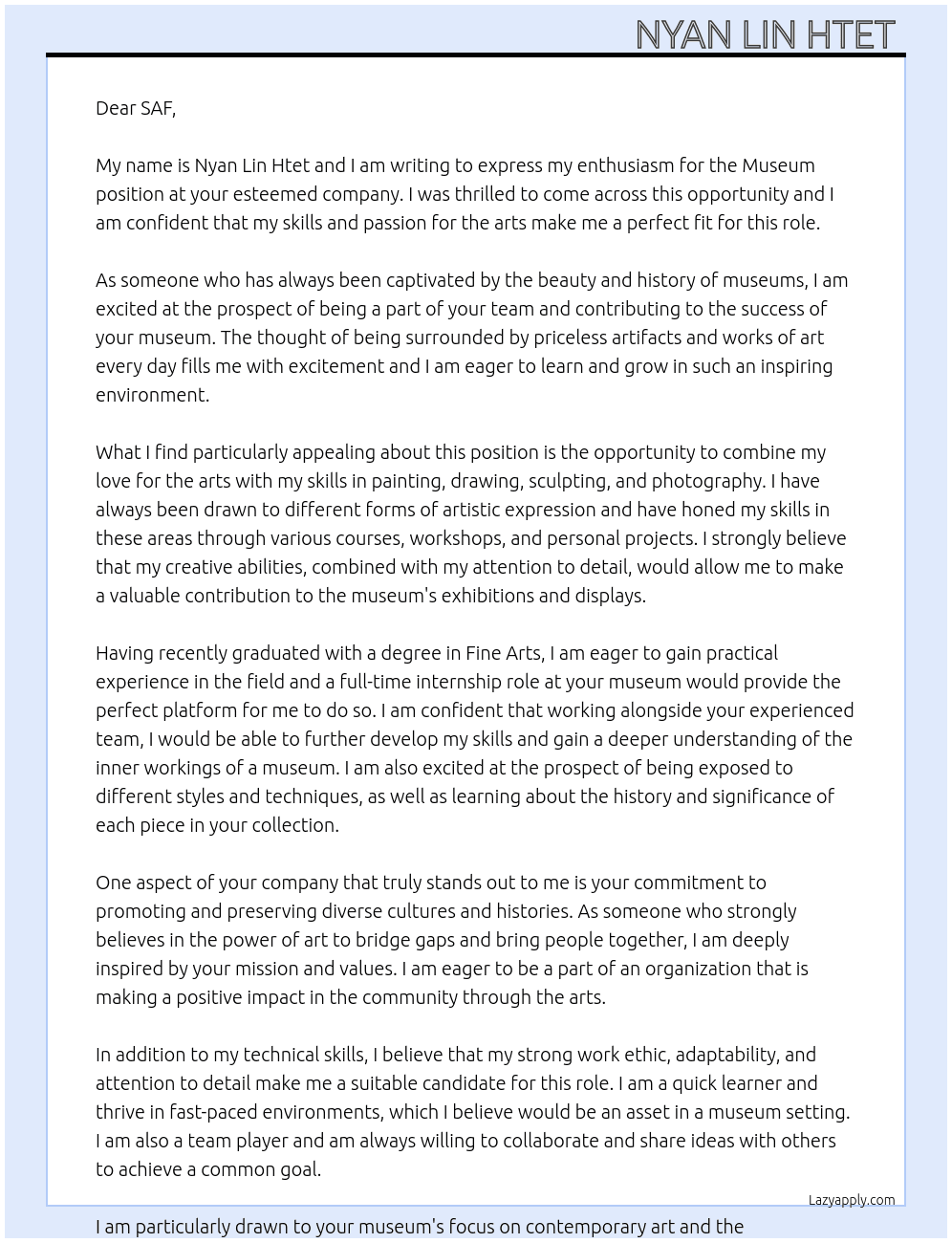 Museum  At SAF Cover Letter