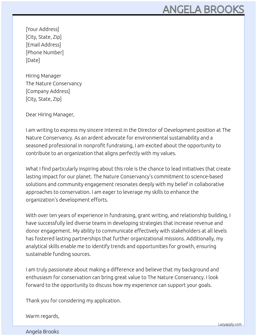 Director of Development  At The Nature Conservancy Cover Letter