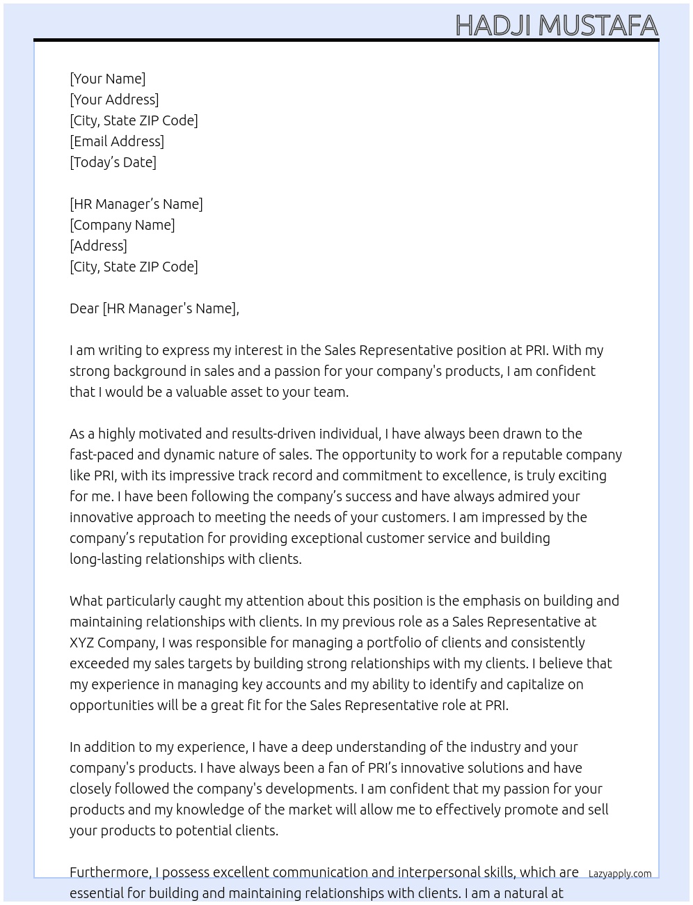 Sales Representative  At PRI Cover Letter