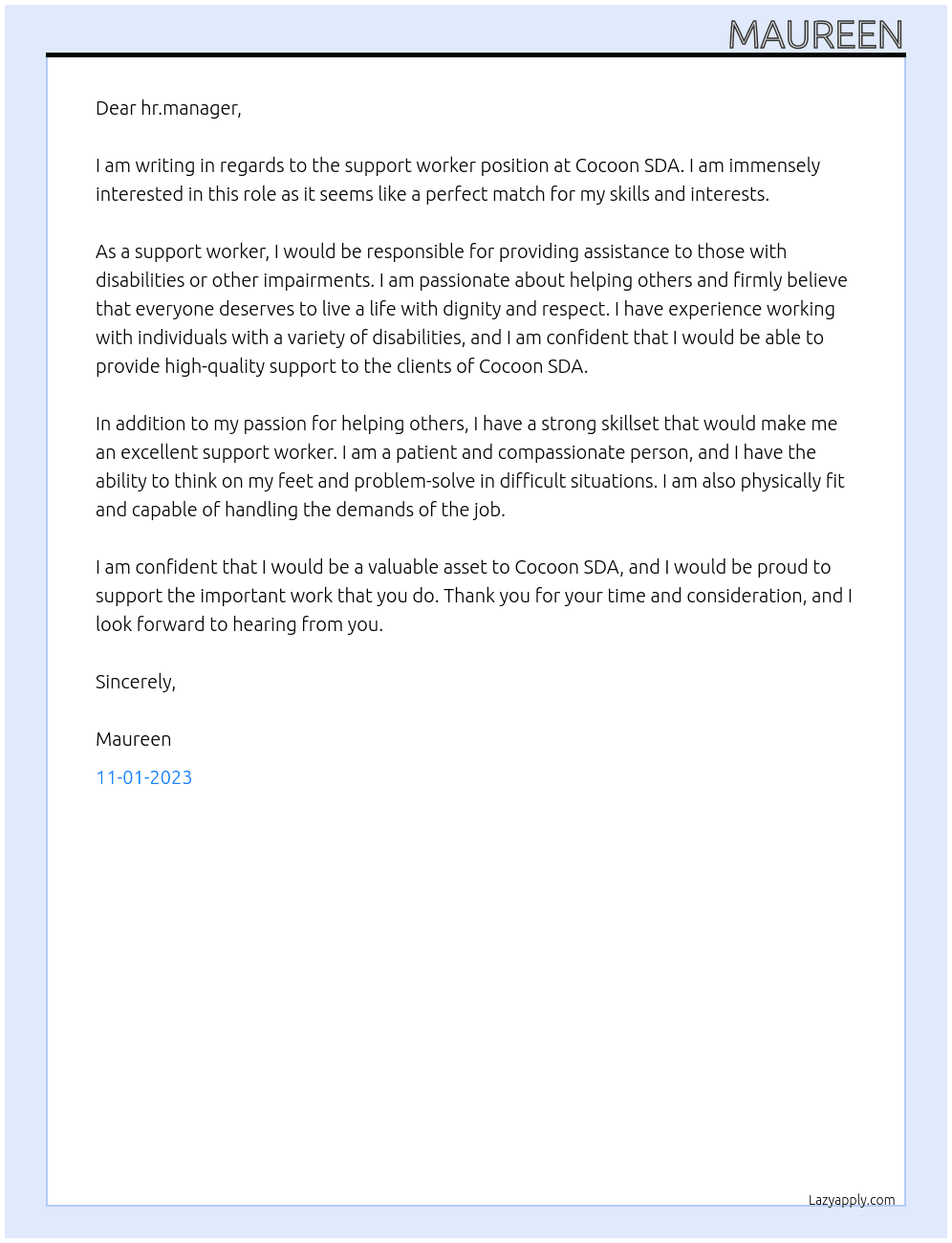 support worker At Cocoon SDA Cover Letter
