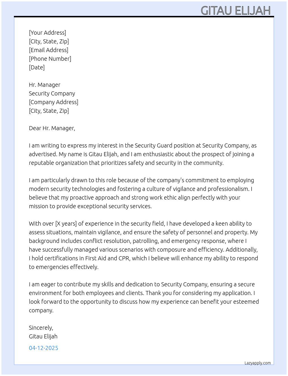 Security Guard  At Security company Cover Letter