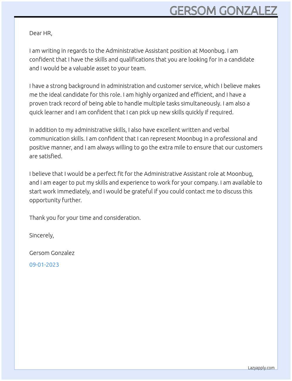 Administrative Assistant At Moonbug Cover Letter