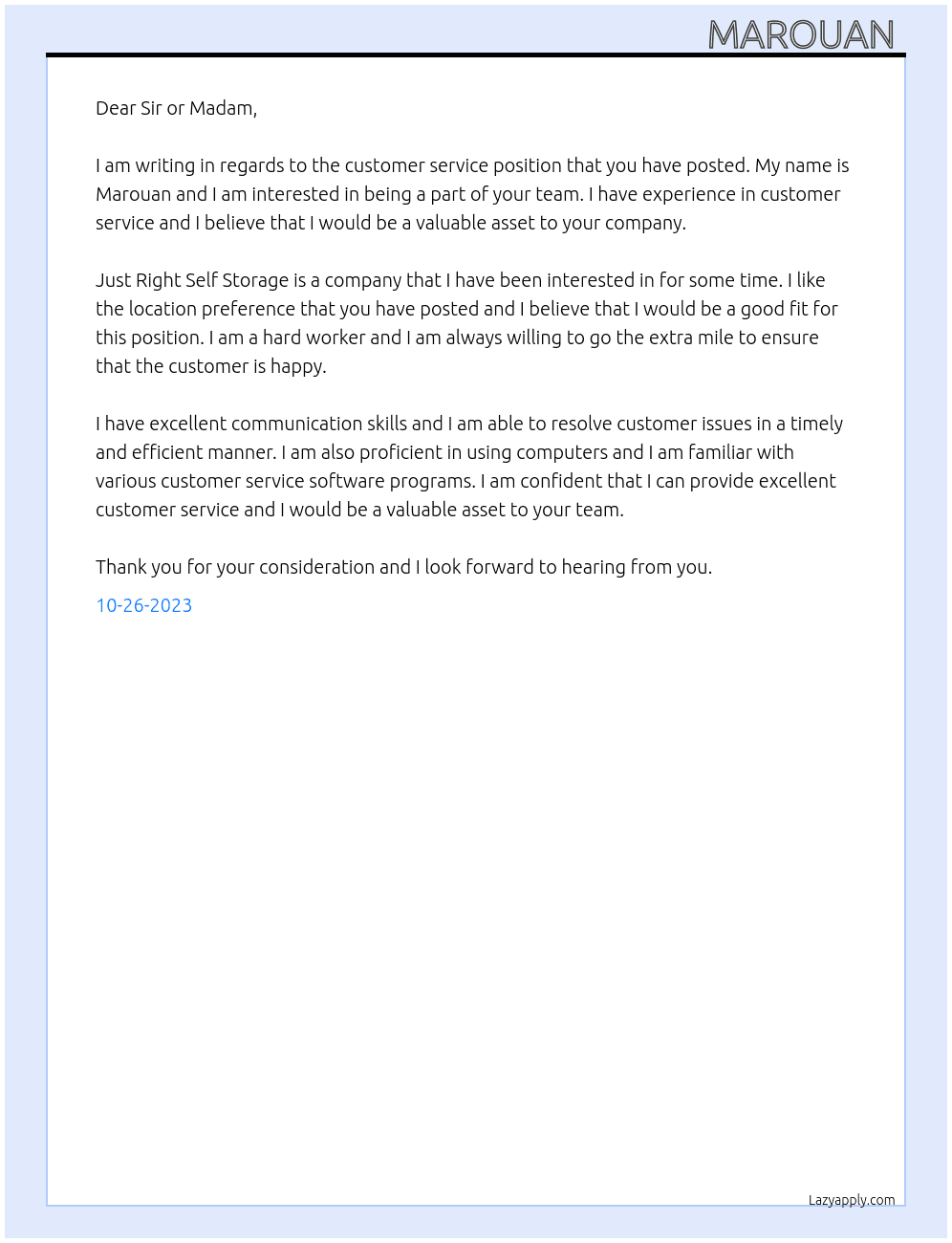 Customer service  At Just right self storage  Cover Letter