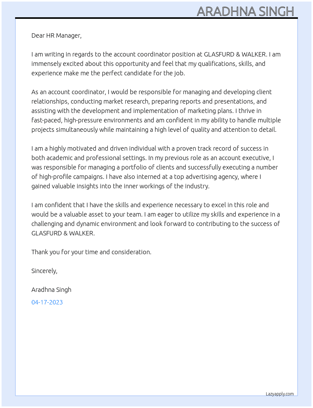 account coordinator At GLASFURD & WALKER Cover Letter