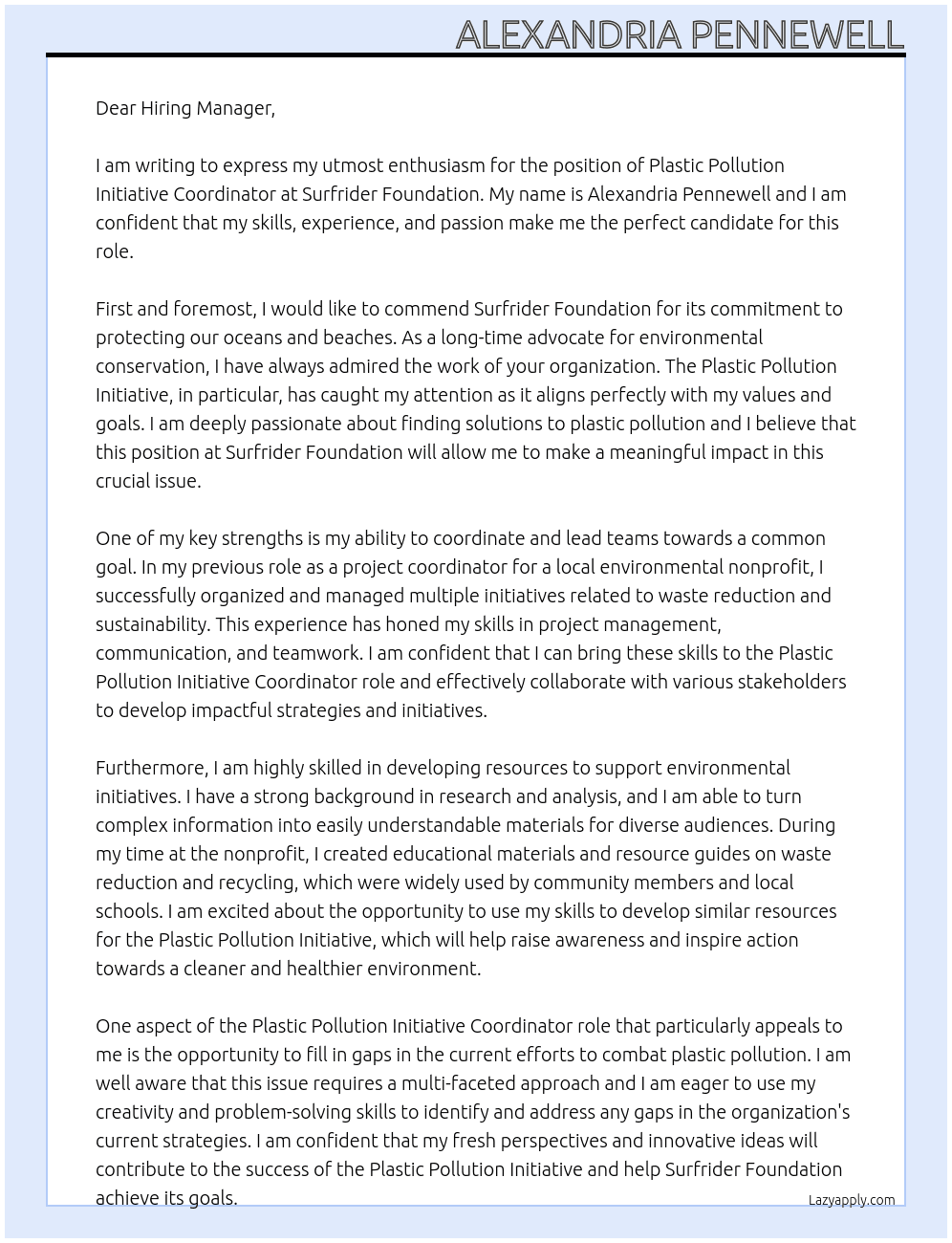 Plastic Pollution Initiative Coordinator At Surfrider Foundation Cover Letter