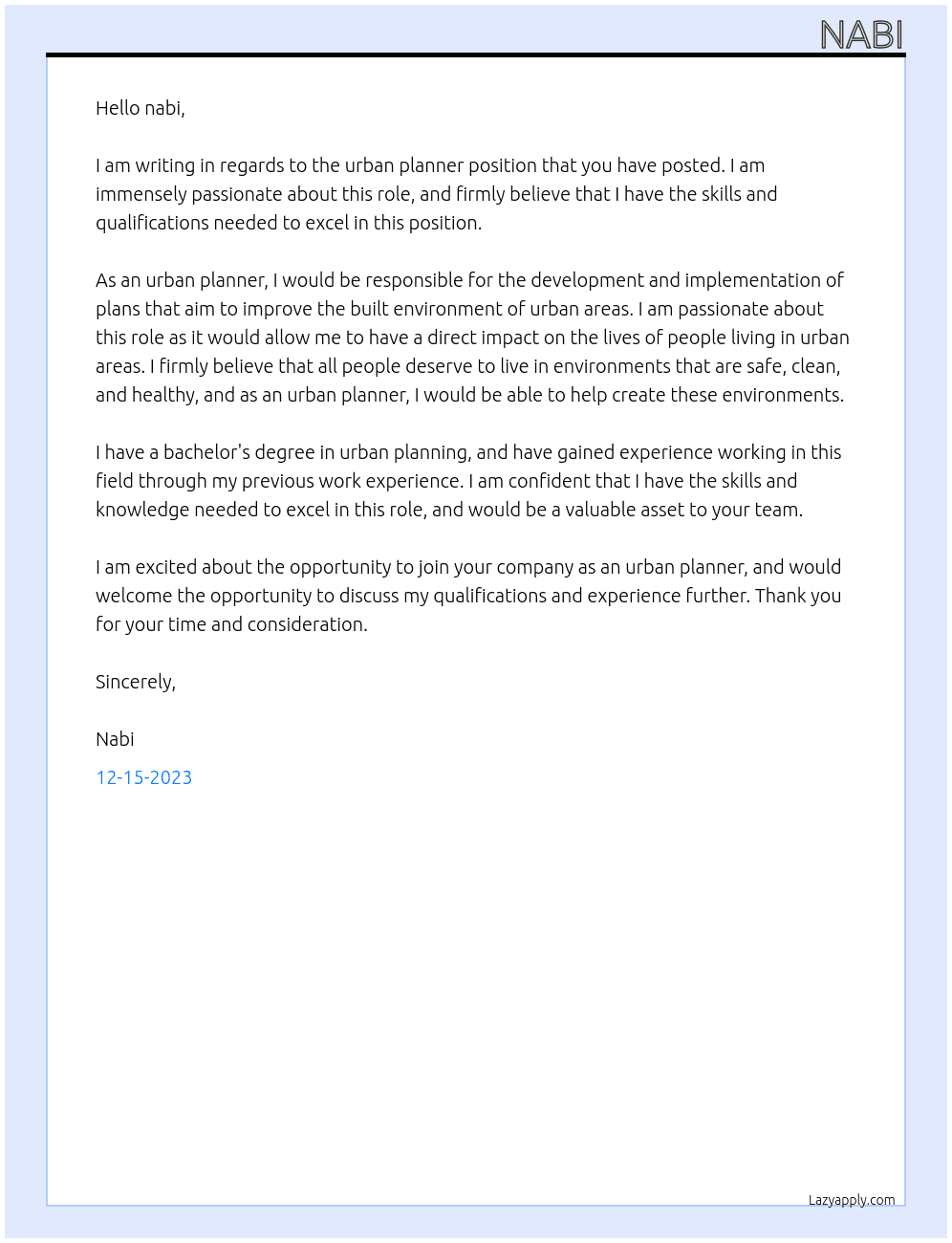 Urban Planner At nabi Cover Letter