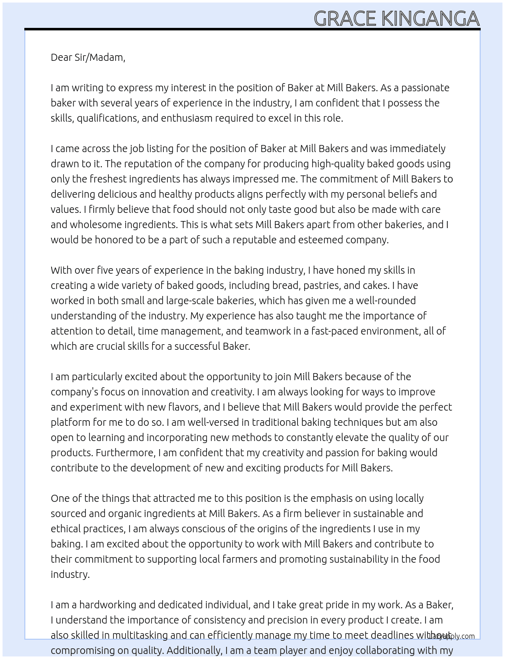 Baker At Mill bakers Cover Letter