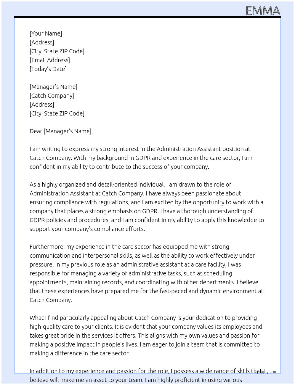Administration Assistant, GDPR, Care sector At catch Cover Letter