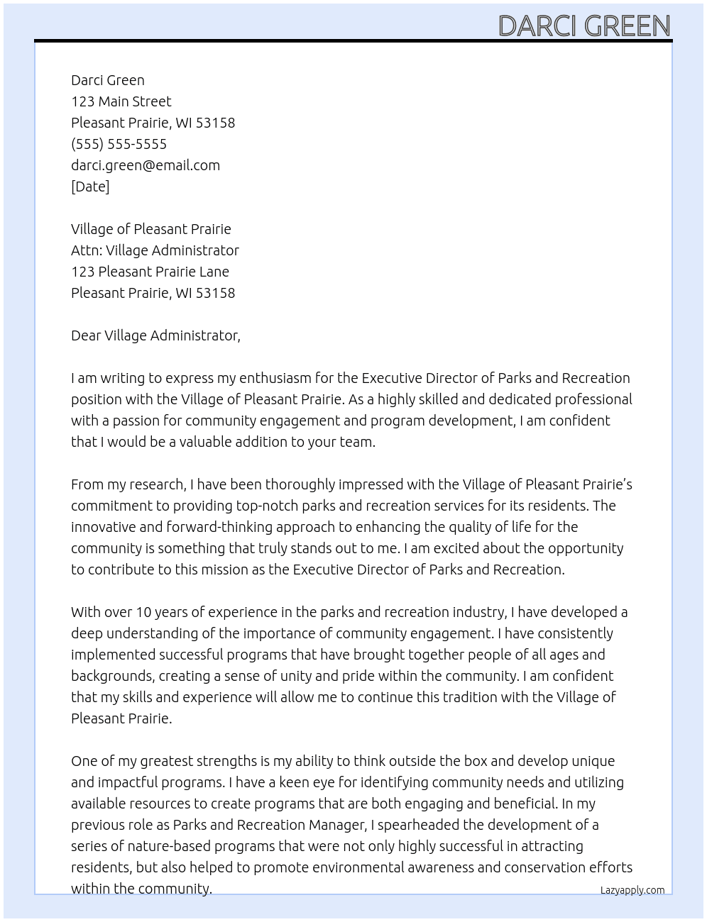Executive Director of Parks and Recreation At Village of Pleasant Prairie Cover Letter