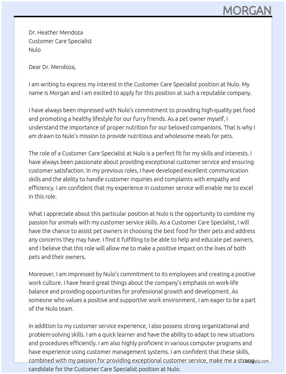 Customer Care Specialist At Nulo Cover Letter