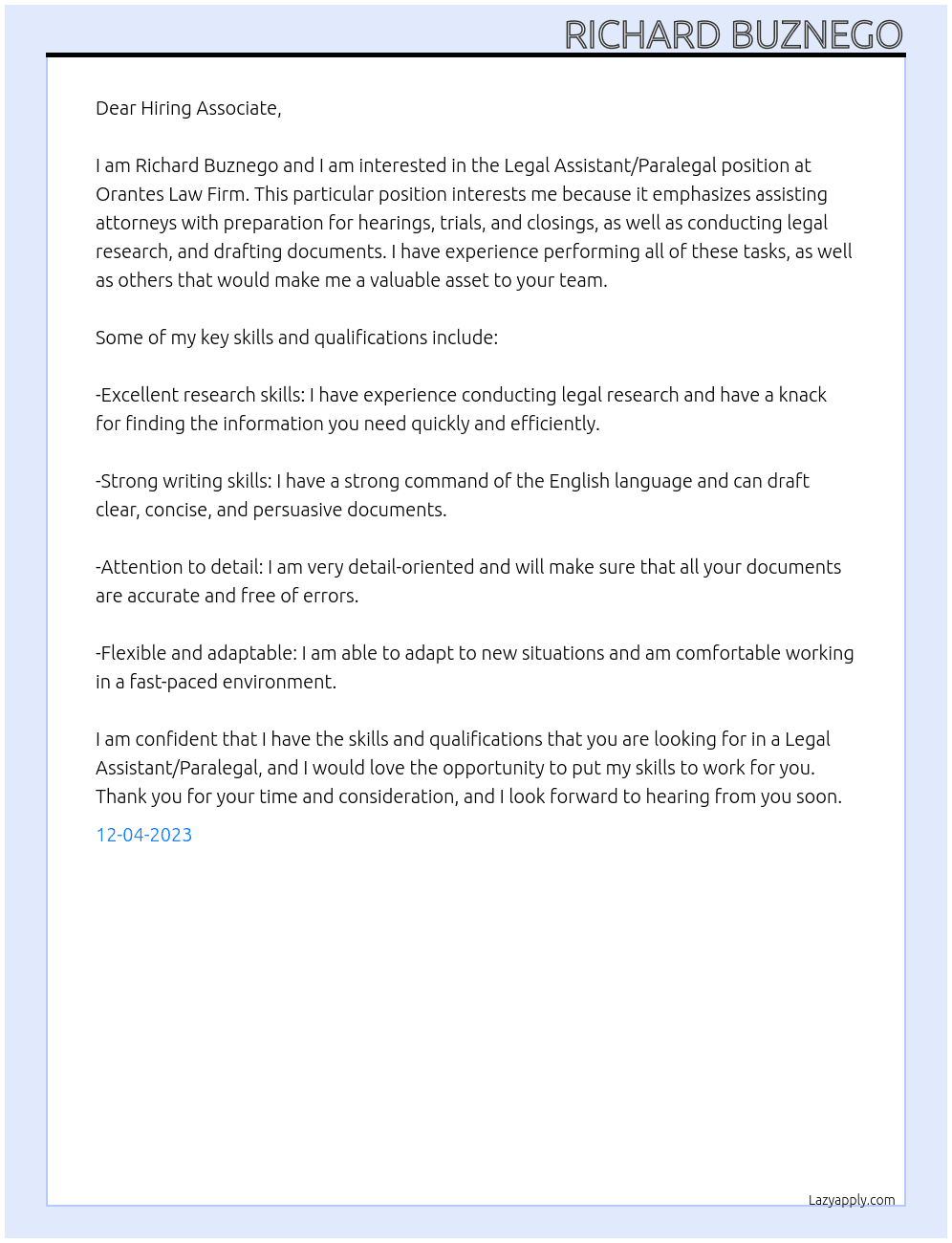 Legal Assistant/Paralegal At Orantes Law Firm Cover Letter