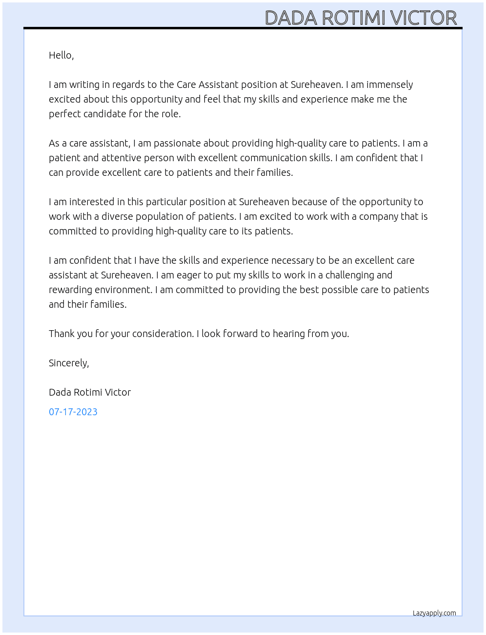 Care Assistant  At Sureheaven  Cover Letter