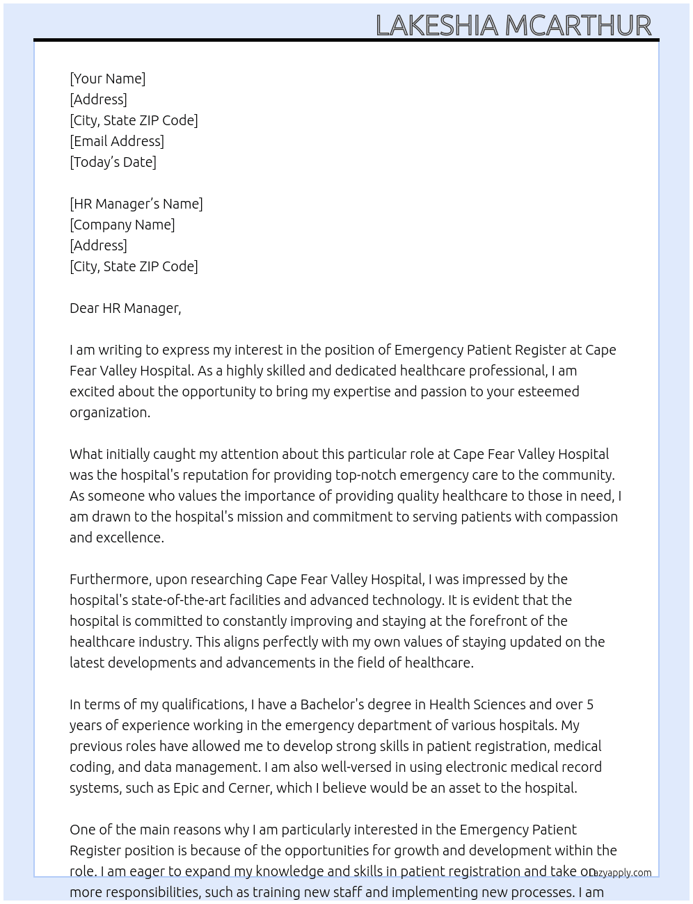 Emergency patient register At Cape Fear Valley Hospital  Cover Letter