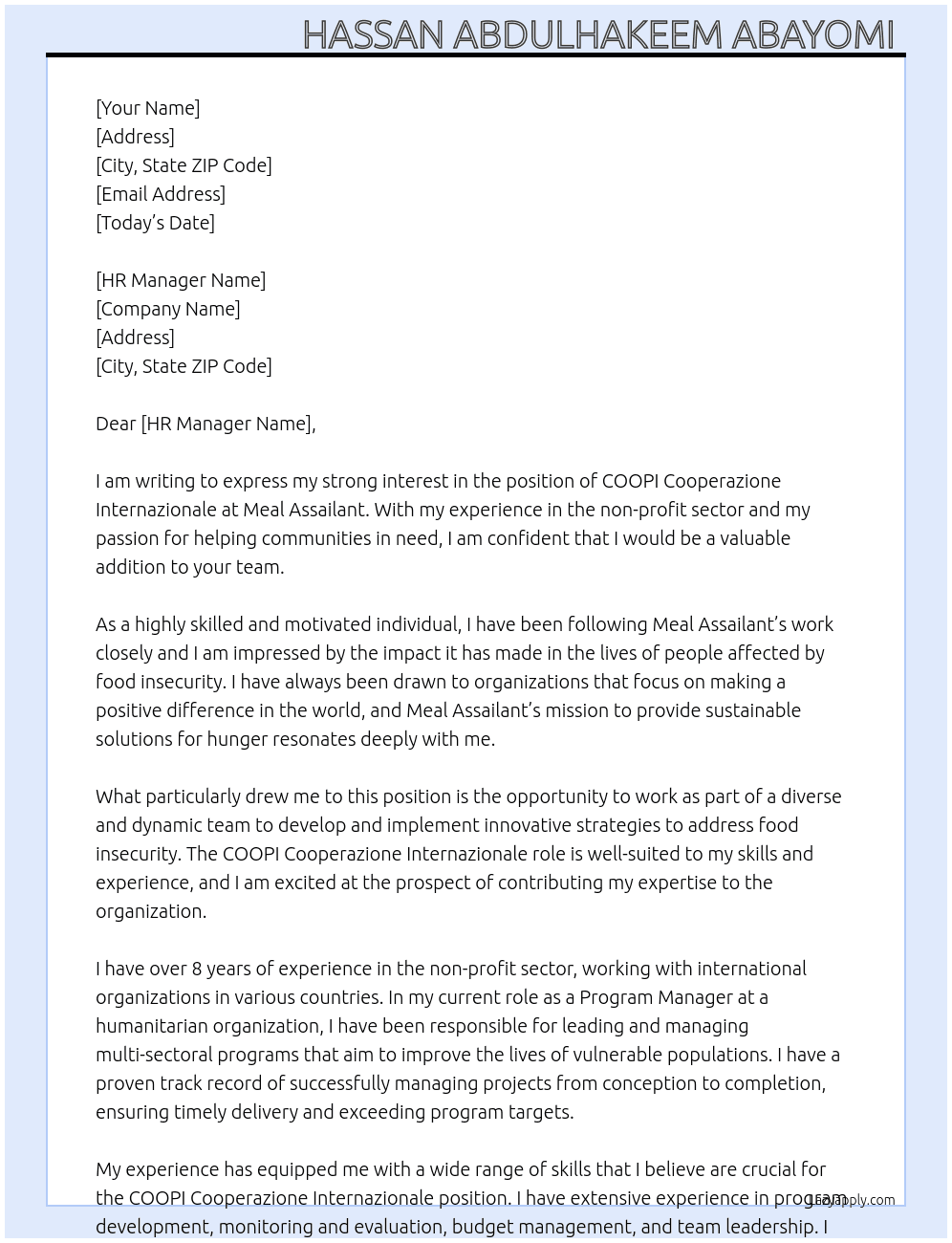 COOPI cooperaziona internalzionale  At Meal Assailant  Cover Letter