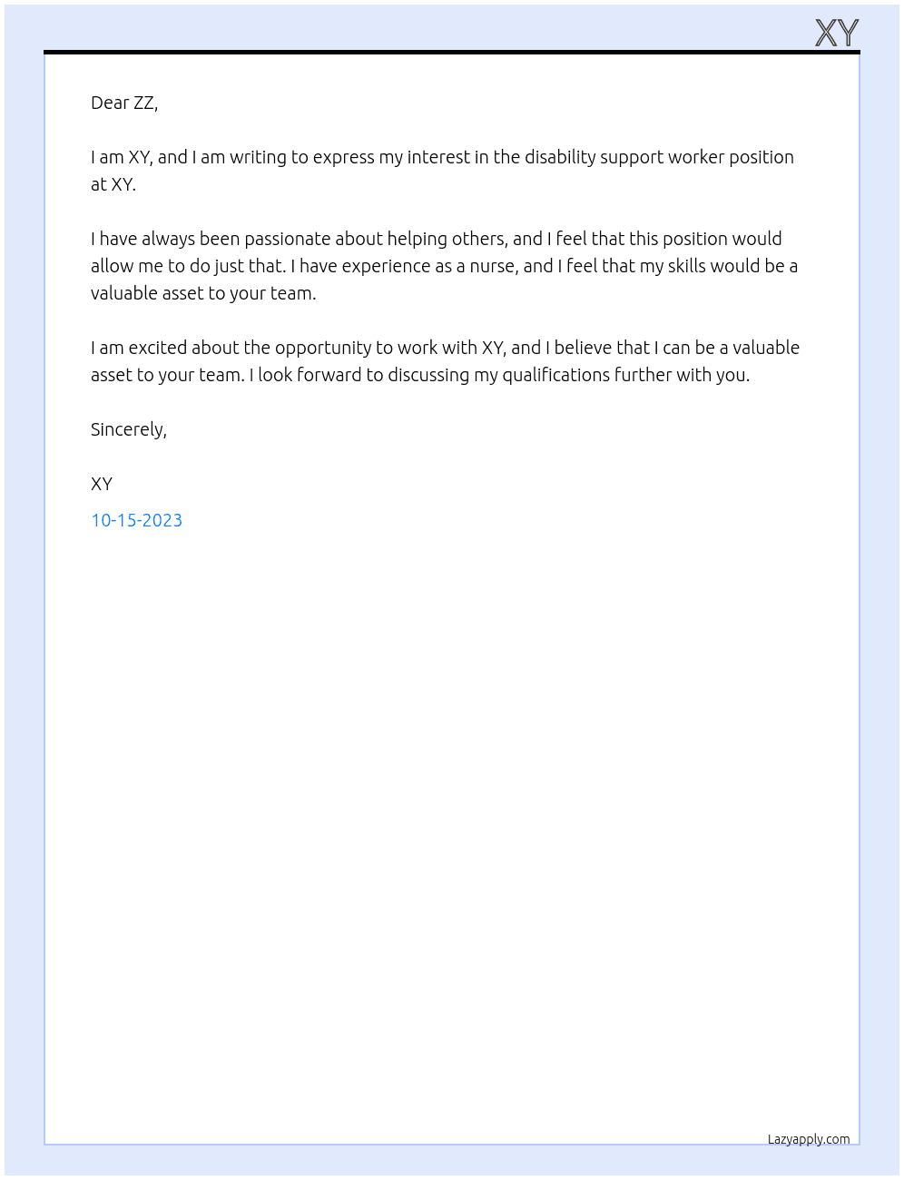 disability support worker At xy Cover Letter