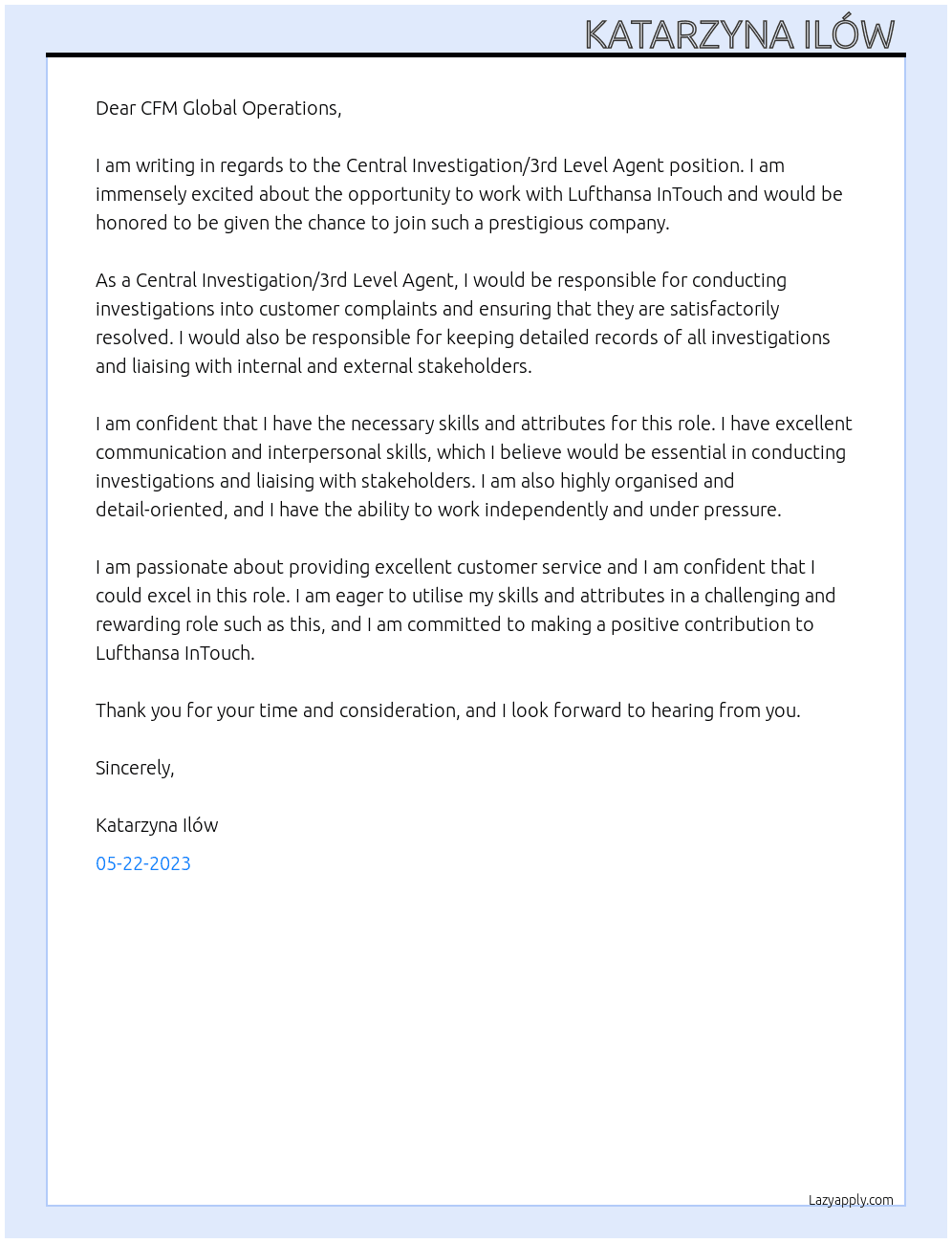 Central Investigation/3rd Level Agent At Lufthansa InTouch Cover Letter