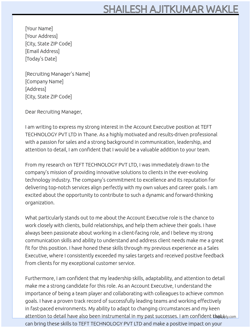 Account Executive At TEFT TECHNOLOGY PVT LTD, THANE Cover Letter