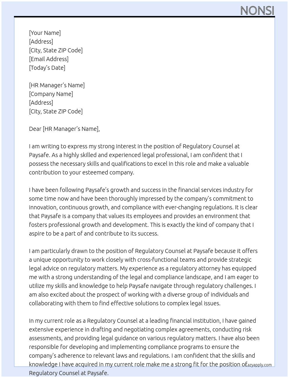 Regulatory Counsel At Paysafe Cover Letter