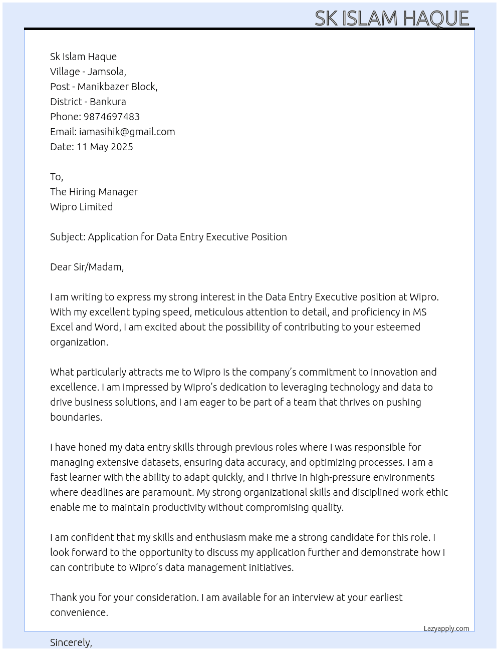 Data Entry  At Wipro Cover Letter