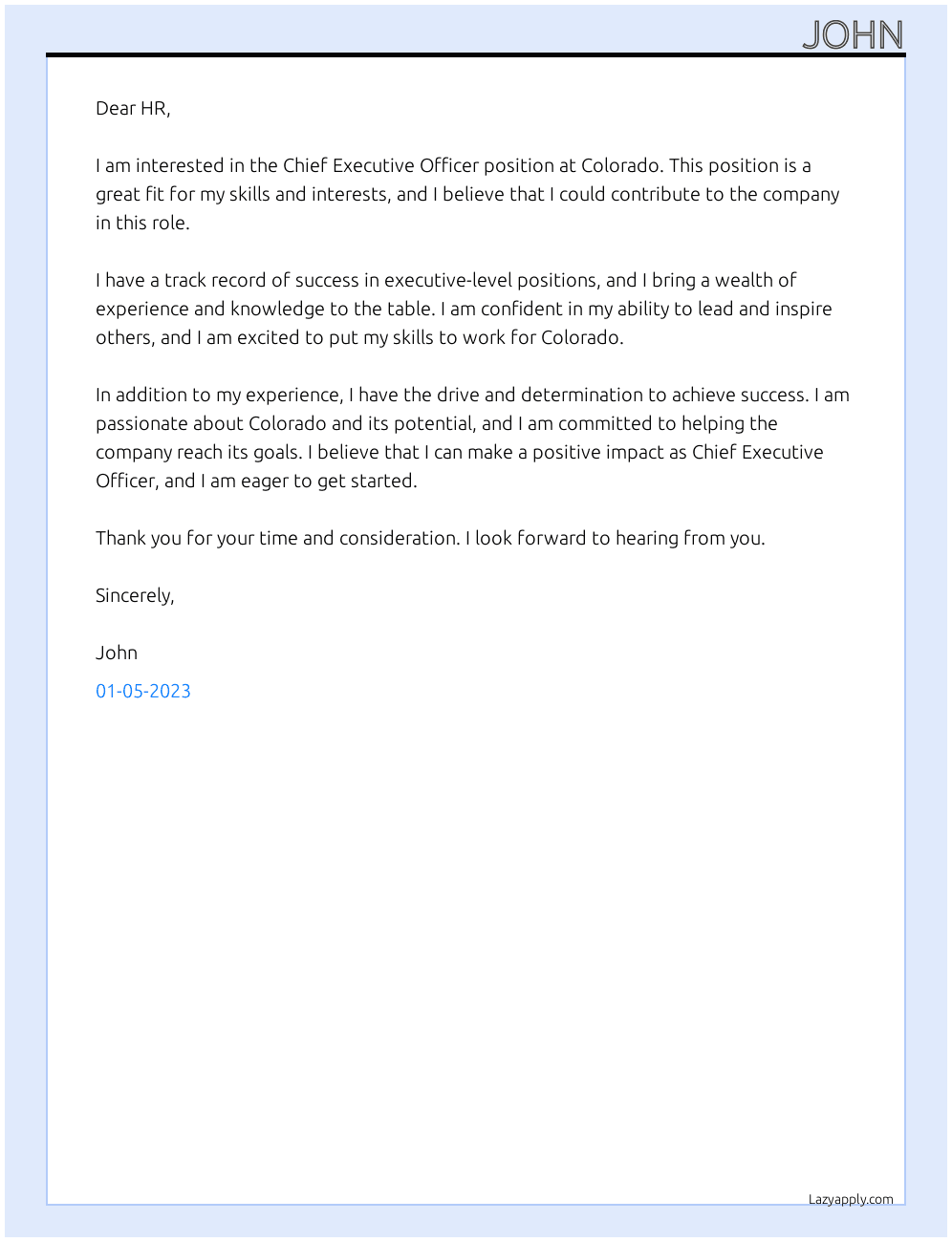 Chief Exwcutive Officer At Colorado Cover Letter