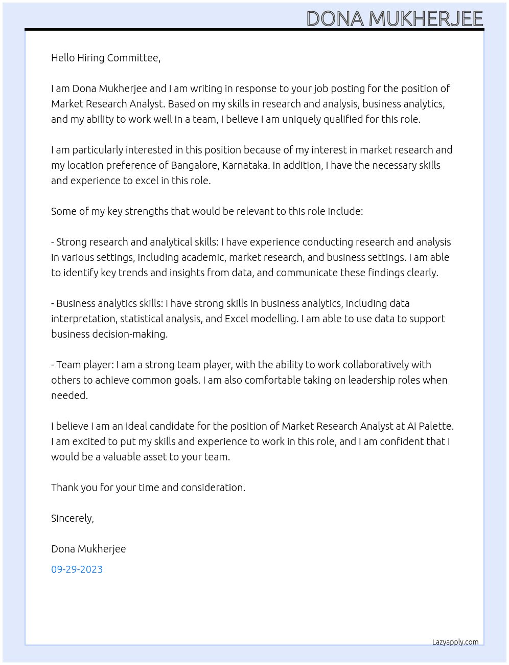 Market Research Analyst At Ai Palette Cover Letter