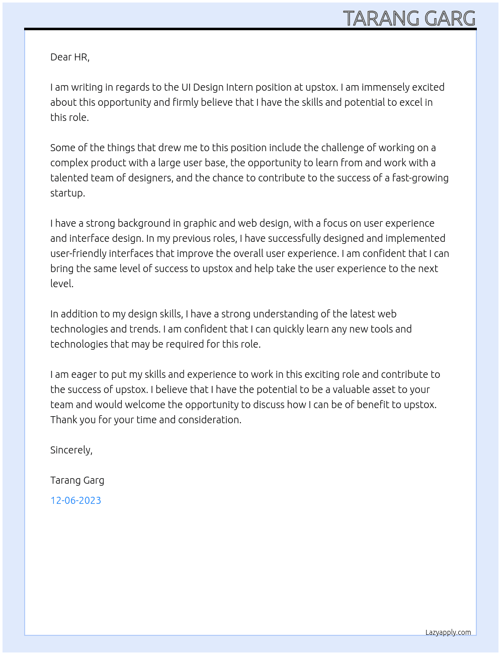UI Design Intern At upstox Cover Letter