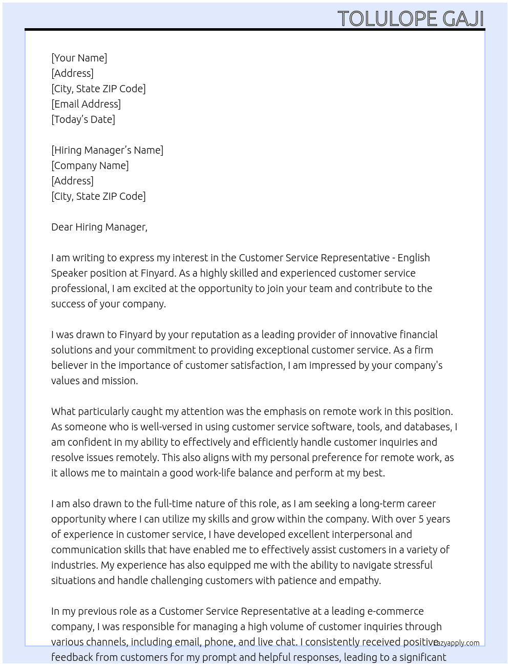 Customer Service Representative - English Speaker At Finyard Cover Letter