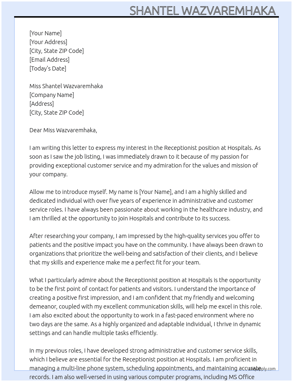 Receptionist  At Hospitals  Cover Letter