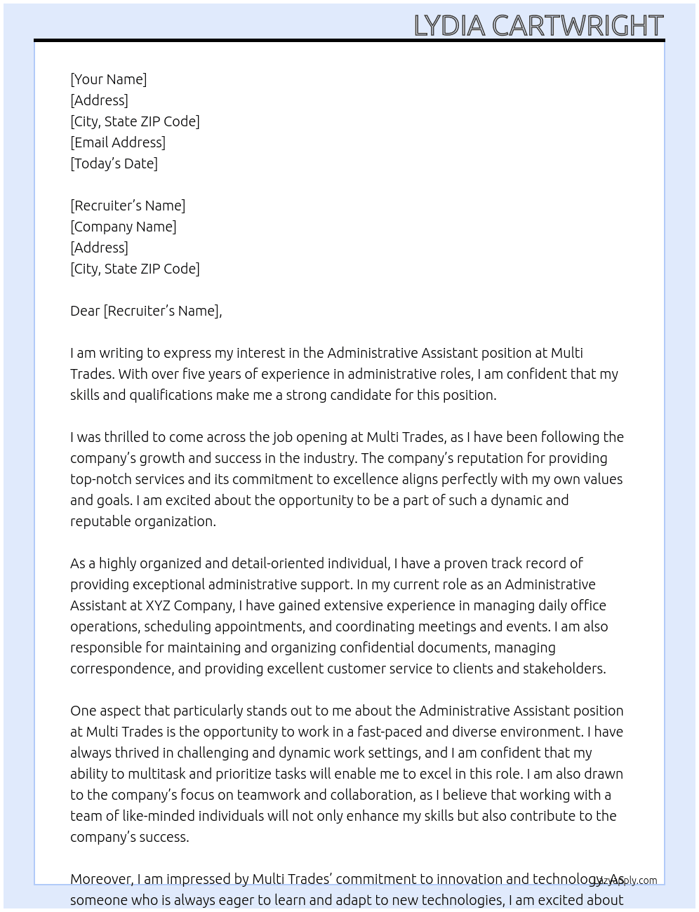 Administrative Assistant At Multi Trades Cover Letter